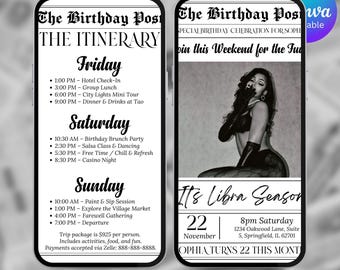 Invito modificabile per il weekend di compleanno della Bilancia, invito digitale per il viaggio di compleanno della Bilancia, itinerario di compleanno, modello Canva