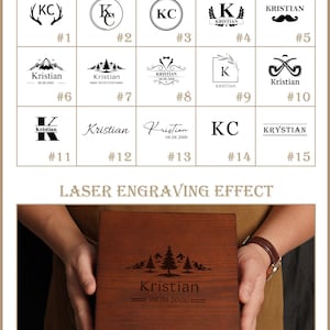 Peut inclure: Une bo&icirc;te en bois avec un motif grav&eacute; au laser repr&eacute;sentant une montagne et des arbres, le nom "Kristian" et la date "08.08.2000". L'image pr&eacute;sente &eacute;galement des options de personnalisation avec divers symboles et textes.