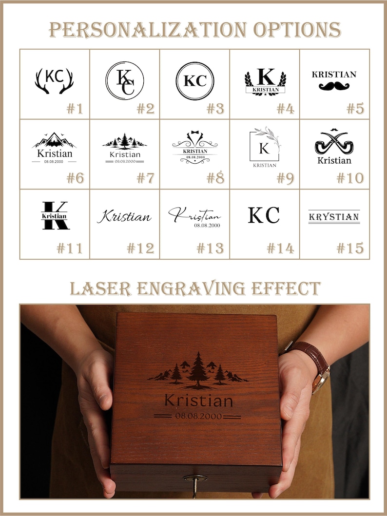Peut inclure: Une bo&icirc;te en bois avec un motif grav&eacute; au laser repr&eacute;sentant une montagne et des arbres, le nom "Kristian" et la date "08.08.2000". L'image pr&eacute;sente &eacute;galement des options de personnalisation avec divers symboles et textes.