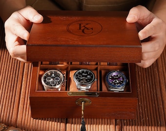 Caja de reloj de madera personalizada con cerradura y llave, vitrina de reloj personalizada para hombre con 6 ranuras, regalo para él, regalo de San Valentín