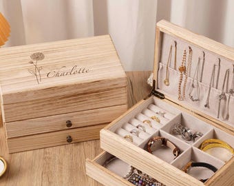 Personalized Wooden Jewelry Organizer with Hook,Custom Engraved Jewelry Box, Travel Case for Women, Mothers day gift, Gift for Her,for Mom