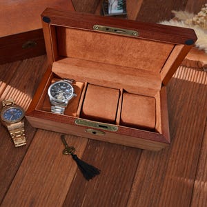 Boîte à montres personnalisée en bois avec serrure et clé, vitrine de montre personnalisée pour homme, 6 emplacements, cadeau pour lui, cadeaux de la Saint-Valentin Rectangular - 3 Slot