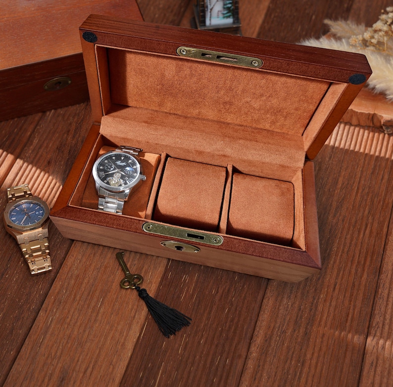 Boîte à montres personnalisée en bois avec serrure et clé, vitrine de montre personnalisée pour homme, 6 emplacements, cadeau pour lui, cadeaux de la Saint-Valentin Rectangular - 3 Slot