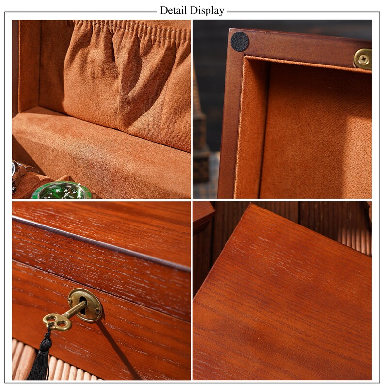 Peut inclure: Une bo&icirc;te &agrave; montres en bois avec un trou de serrure et une cl&eacute;. L'int&eacute;rieur est doubl&eacute; d'un tissu marron doux. La bo&icirc;te est faite d'un bois fonc&eacute; riche avec une finition polie. Le texte "Detail Display" est en haut.