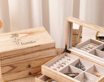 Organiseur de bijoux en bois personnalisé avec miroir, boîte à bijoux gravée personnalisée, étui de voyage pour femme, fête des mères, cadeau pour elle, pour maman