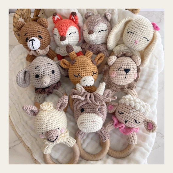 Personalized baby shower rattle gift | custom monogram crochet | Montessori animal wooden toy ring for a  newborn boy or girl | bear, cow
