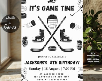 Ice Hockey Birthday Party Invitation, Sports Theme Digital Invite, Editable Canva Template, Hockey Birthday Printable for Kids & Teens, IC