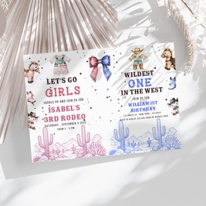 Puede incluir: Dos invitaciones con temática de rodeo. Una es rosa y morada con el texto "Let's Go Girls" e "Isabel's 3rd Rodeo". La otra es azul con el texto "Wildest One in the West" y "William 1st Birthday". Ambas tienen ilustraciones de vaqueros y caballos.