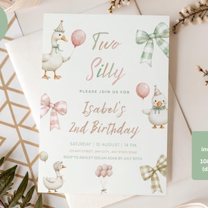 May include: A light-colored invitation card with the text "Two Silly" and "Isabel's 2nd Birthday". The card features illustrations of ducks, balloons, and bows. The card is 5x7 inches and is editable in Canva.