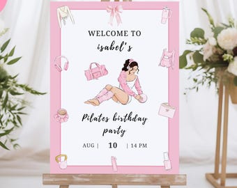 Pilates Birthday Party Welcome Sign, Editable Canva Template, Pink Pilates Studio Sign, Pilates in Pink Printable, Yoga Birthday Decor, PB