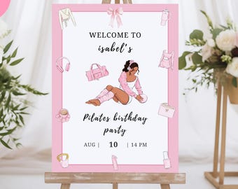 Pilates Birthday Welcome Sign, Editable Pilates Party Sign Template, Pilates in Pink Studio Poster, Digital Wellness Celebration Sign, PB-1