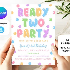 May include: A colorful invitation card with the text "Ready Two Party" in bubble letters. The invitation is for Isabel's 2nd birthday, with details including the date, time, and RSVP information. The card is 5x7 inches.