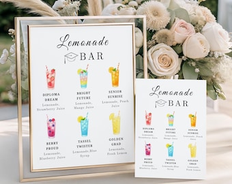 Lemonade Bar Sign For Grad Party, Class of 2026 Graduation 6 Drinks Menu, Editable Printable Mocktail Station, Table Decor Template