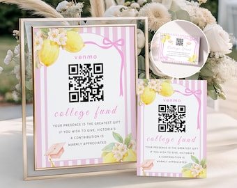 Pink & Lemon College Fund QR Code Graduation Sign, Editable Card Template Gift, The Grad QR Code Bow Sign, Freshly Graduated Decor, FG