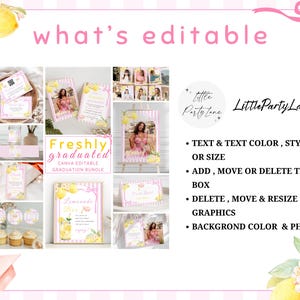 Lemon graduation invitation template bundle with freshly graduated theme, citrus grad party decor and Canva editable designs