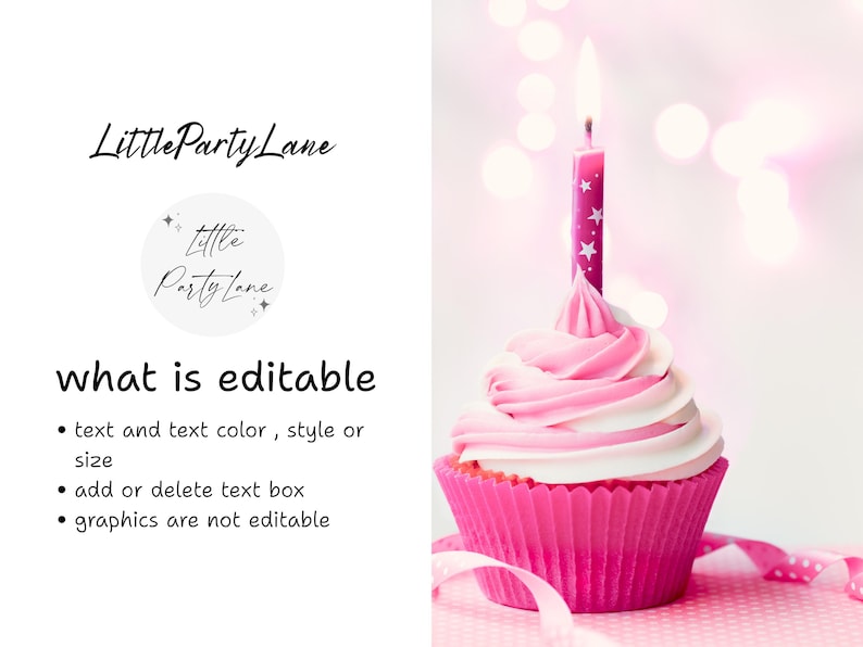 May include: A pink cupcake with white frosting and a lit pink candle with white stars. The cupcake sits in a pink paper cup. The image also includes the text "Little Party Lane" and "what is editable".