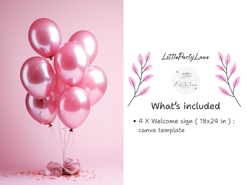 May include: A cluster of pink balloons tied with a ribbon, with confetti scattered below. The image includes the text "Little Party Lane" and "What's included: 4 X Welcome sign (18x24 in): canva template."
