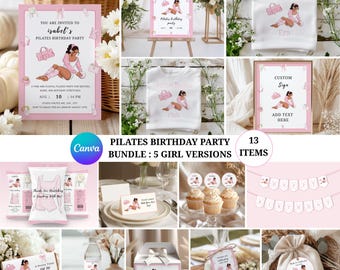 Pilates Birthday Party Bundle, Editable Canva Set, Pink Studio Decor, Coquette Bow Wellness Celebration, Digital Girls Printable Kit , PB-1