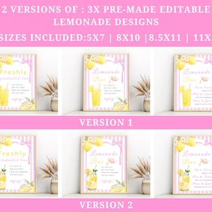 May include: Pink and white striped lemonade bar signs with yellow lemon illustrations. The signs have text that reads "Freshly graduated bar" and "Lemonade Bar". The signs are available in 4 sizes: 5x7, 8x10, 8.5x11, and 11x14.