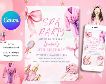 Spa Birthday Party Invitations | Editable Digital Invites for Pamper Parties | Fun Girls Spa Theme Cards | Girls Spa Birthday Invite | SPB