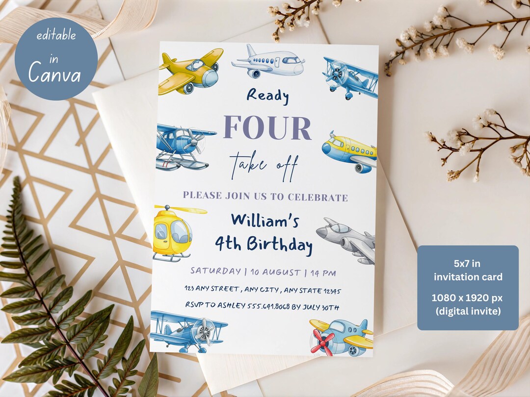 Take Flight Invite Ready Four Take off Birthday Invitation, Airplane 4th Birthday Party ...