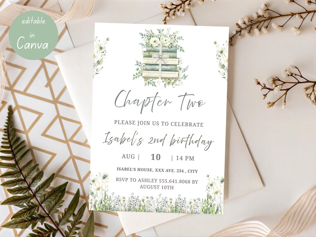 Chapter Two Birthday Invitation, Floral Sage Green Storybook Theme ...