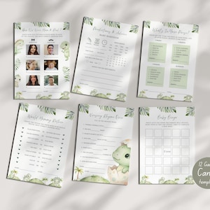 Hatching Soon Baby Shower Games Bundle , Dinosaur Theme Activities , Baby Dino Egg Party , Editable Printable Canva Templates , HSB