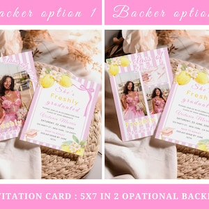 Lemon graduation invitation bundle with freshly graduated theme, citrus grad party templates, editable Canva decor and invitation set