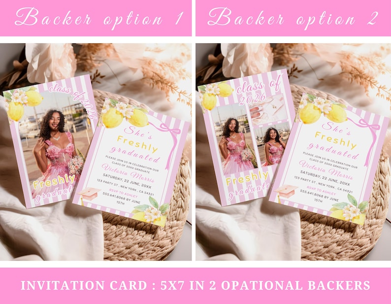 Lemon graduation invitation bundle with freshly graduated theme, citrus grad party templates, editable Canva decor and invitation set