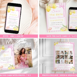 Lemon graduation party bundle with freshly graduated invitation template, citrus theme Canva editable grad decor and invitation set