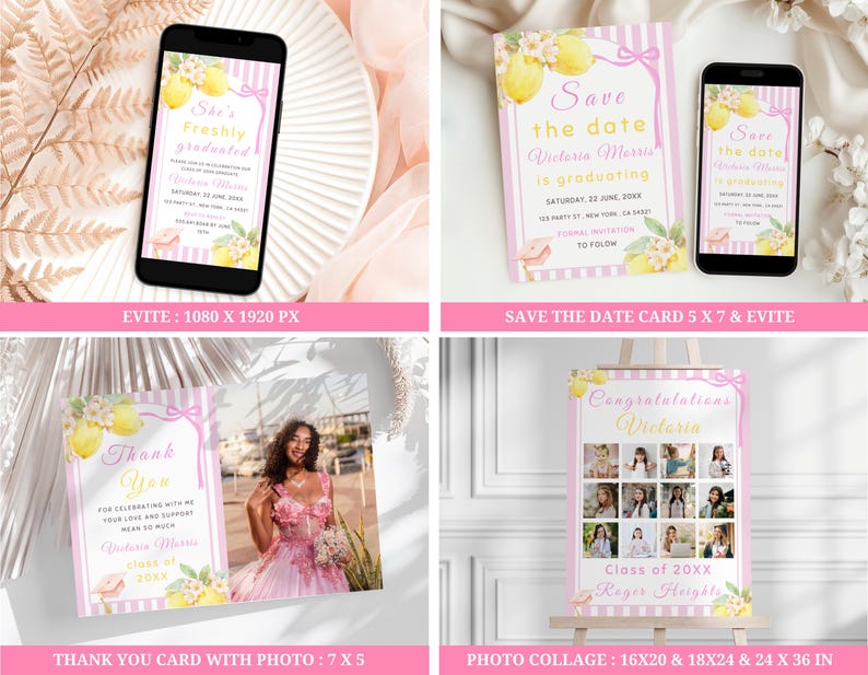Lemon graduation party bundle with freshly graduated invitation template, citrus theme Canva editable grad decor and invitation set