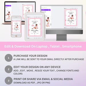 May include: A digital design template displayed on a laptop, tablet, and smartphone. The design features a pink and white birthday party invitation with the text "Welcome to Isabel's". Instructions for editing and downloading the design are also shown.
