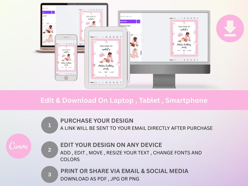 May include: A digital design template displayed on a laptop, tablet, and smartphone. The design features a pink and white birthday party invitation with the text "Welcome to Isabel's". Instructions for editing and downloading the design are also shown.