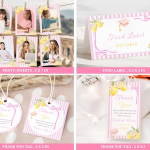 Citrus graduation invitation bundle with freshly graduated theme, lemon party decor templates and Canva editable grad design set