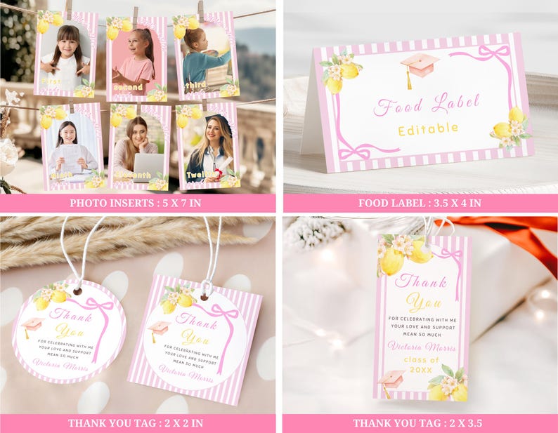 Citrus graduation invitation bundle with freshly graduated theme, lemon party decor templates and Canva editable grad design set