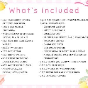 A pink and white graphic with the text "What's Included" and a list of items for a graduation party, including invitations, signs, and cards. The design features watercolor lemons and a graduation cap.