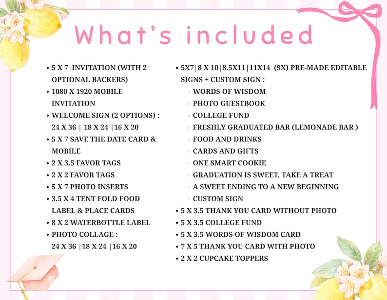 A pink and white graphic with the text "What's Included" and a list of items for a graduation party, including invitations, signs, and cards. The design features watercolor lemons and a graduation cap.