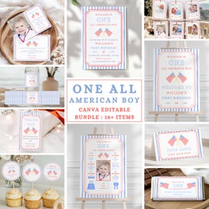 May include: A collection of patriotic-themed party supplies, including invitations, cupcake toppers, and signs. The designs feature red, white, and blue colors, American flags, and the text "William is One All American Boy."