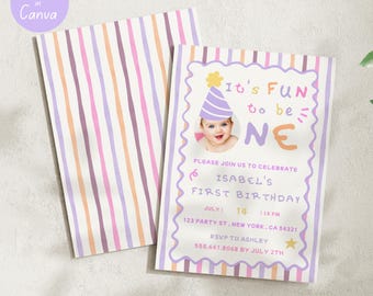 It's Fun to Be One Birthday Girl Invitation , Colorful First Birthday Invite , One Year Old Party Template , Custom Photo Canva , FOG