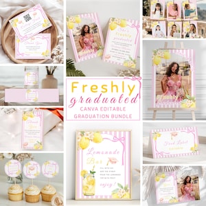 Freshly graduated party bundle template with lemon graduation invitation, citrus theme grad invite and matching Canva editable party set