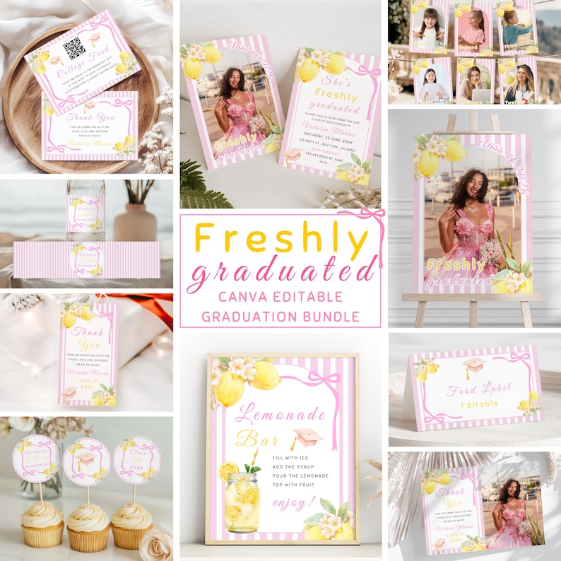 Freshly graduated party bundle template with lemon graduation invitation, citrus theme grad invite and matching Canva editable party set