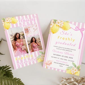 Lemon graduation invitation with freshly graduated theme, citrus party invite template Canva editable digital graduation announcement