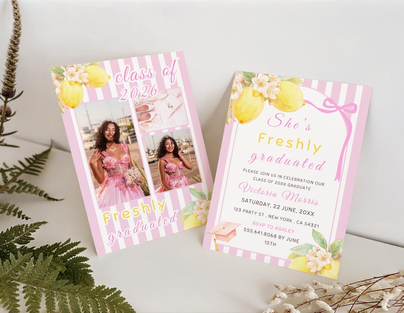 Lemon graduation invitation with freshly graduated theme, citrus party invite template Canva editable digital graduation announcement