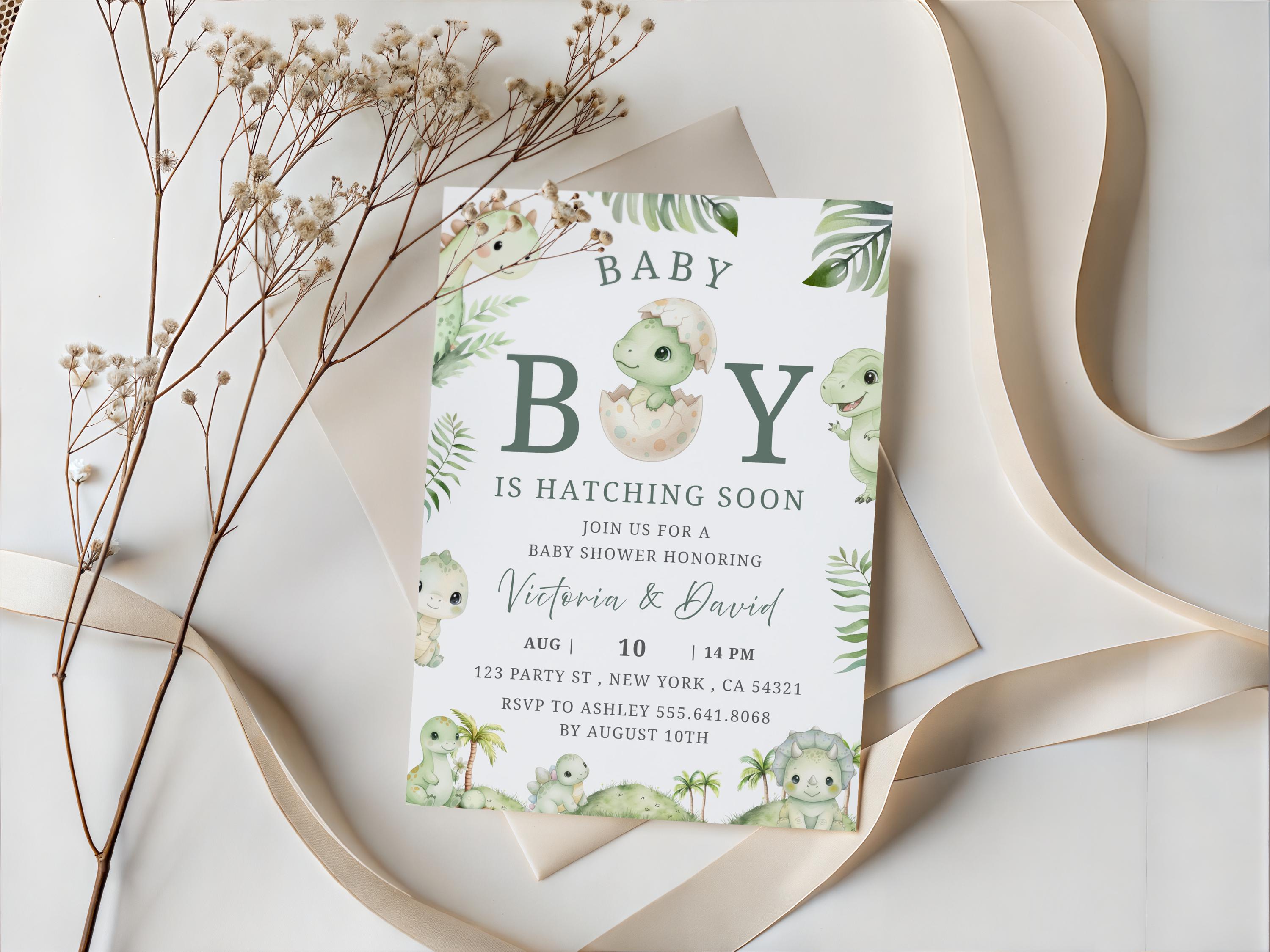 Hatching Soon Baby Shower Invitation, Dinosaur Boy Invite, Baby Dino ...