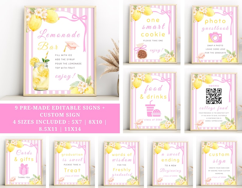 Graduation invitation bundle with lemon citrus theme, freshly graduated party templates and Canva editable matching decor set