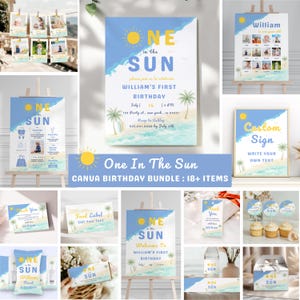 Könnte beinhalten: Ein digitales Geburtstagsparty-Set mit Strandthema in Blau, Gelb und Weiß. Die Designs enthalten Texte wie One In The Sun, William's First Birthday sowie verschiedene Party-Papeterie-Artikel wie Schilder, Anhänger und Etiketten.