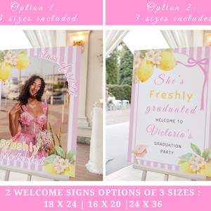 Freshly graduated invitation template bundle with lemon graduation theme, citrus party decor set and editable Canva grad templates