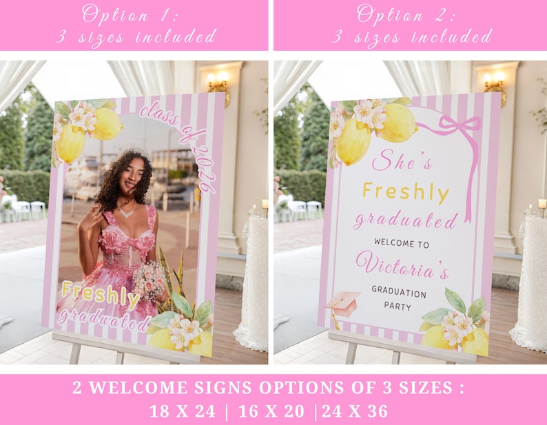 Freshly graduated invitation template bundle with lemon graduation theme, citrus party decor set and editable Canva grad templates