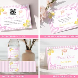 Freshly graduated digital invitations bundle with lemon graduation theme, citrus grad party templates and Canva editable set