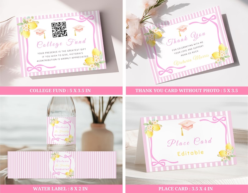 Freshly graduated digital invitations bundle with lemon graduation theme, citrus grad party templates and Canva editable set
